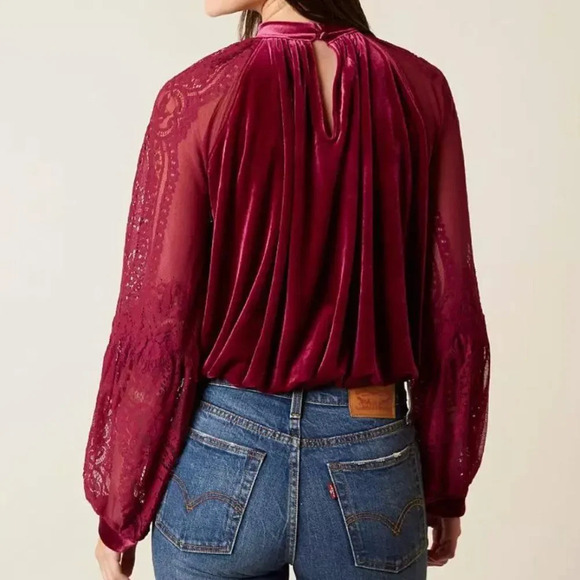 NWT Free People Raspberry Dream Team top, velvet with mesh sleeves & embroidery - Picture 9 of 10